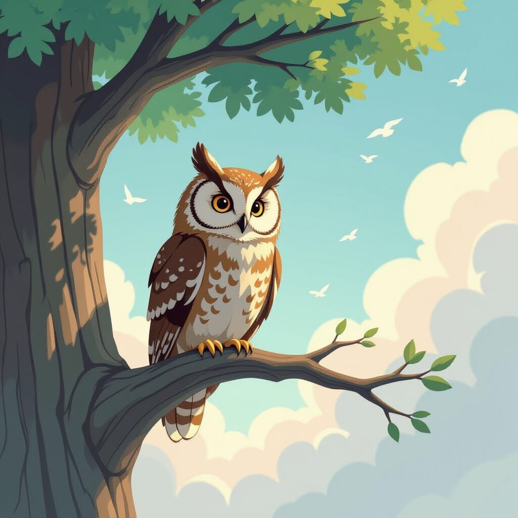 Owl Perched on Tree in Ghibli-Inspired Watercolor