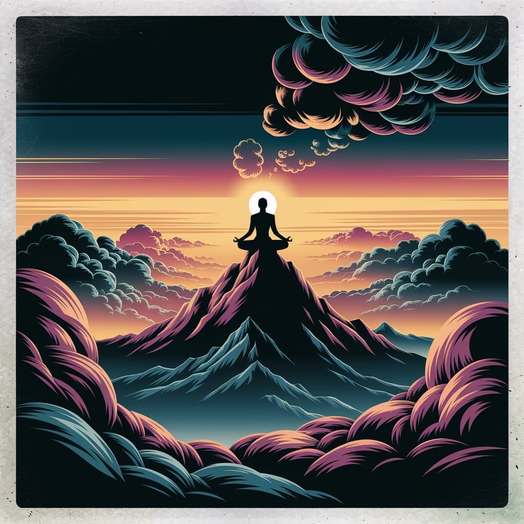 Meditating Figure Silhouetted Against Glowing Sunrise Horizo...