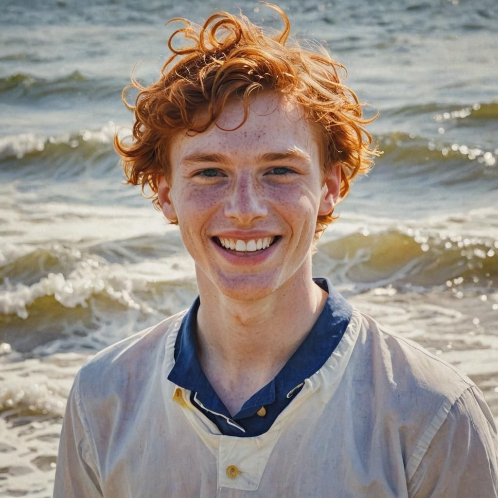 Smiling Redhead Boy in Watercolor Seascape