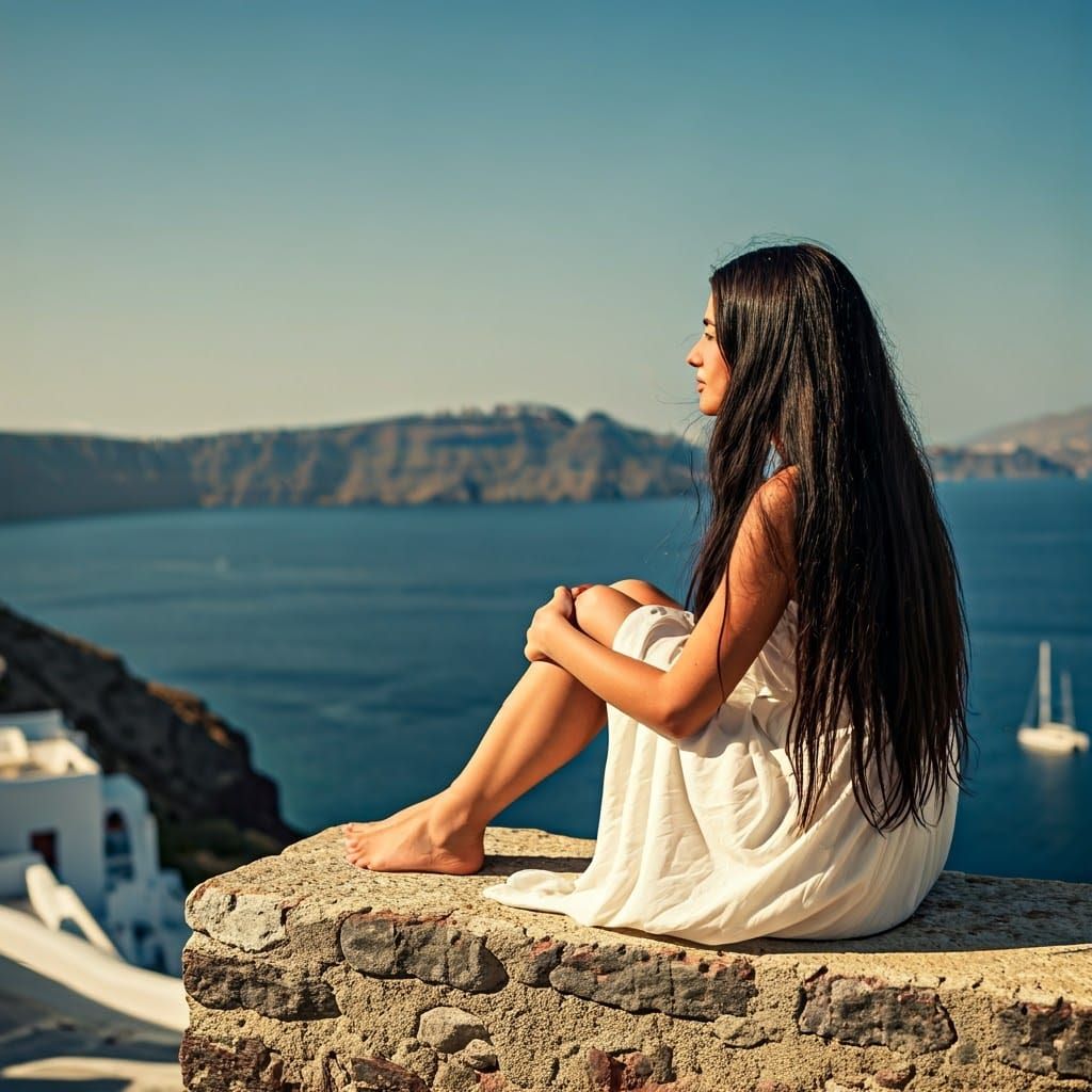 Serene Greek Goddess in Dreamy Aegean Landscape