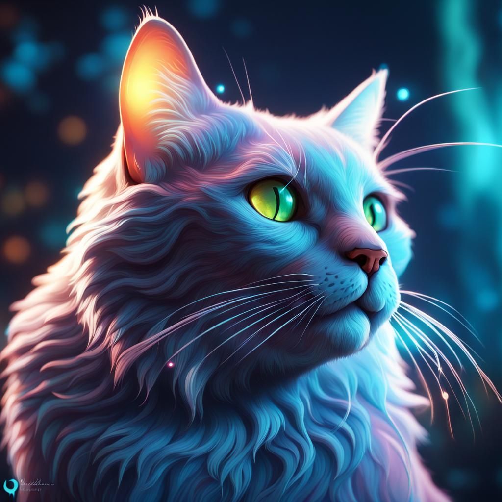 Realistic Bioluminescent Cat in Vibrant Fantasy Setting