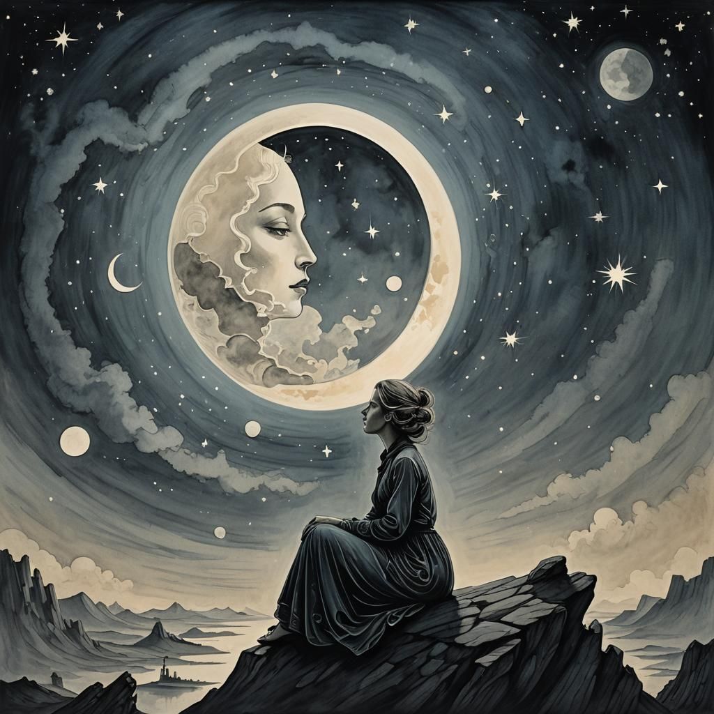 Mysterious Woman on the Moon in Expressive, Warm Color Palet...