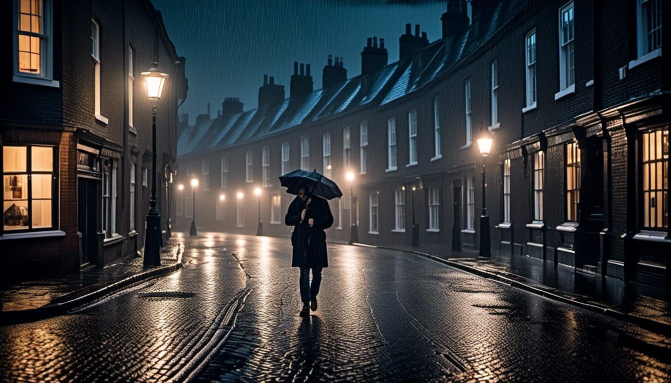 Lonely Man Walking Through Rainy London Streets at Night