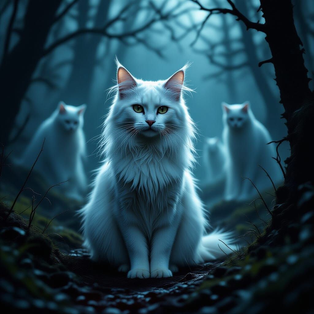 Gothic Horror Cat in Blood-Matted Fur with Ghostly Figures