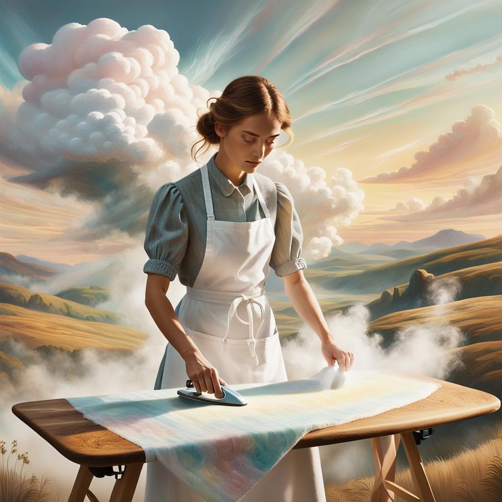 A Dreamy Woman Irons a Cloud in Ethereal Landscape