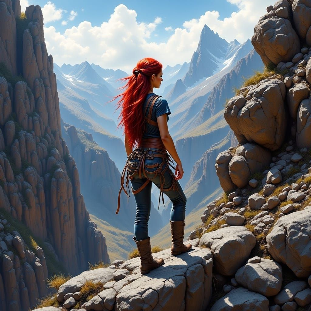 Fire-Haired Woman Mountain Climbing with Ropes