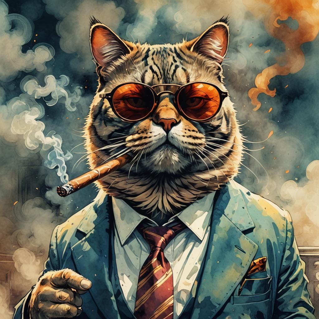 Fat Cat Smokes Cigar in Comic Book Style