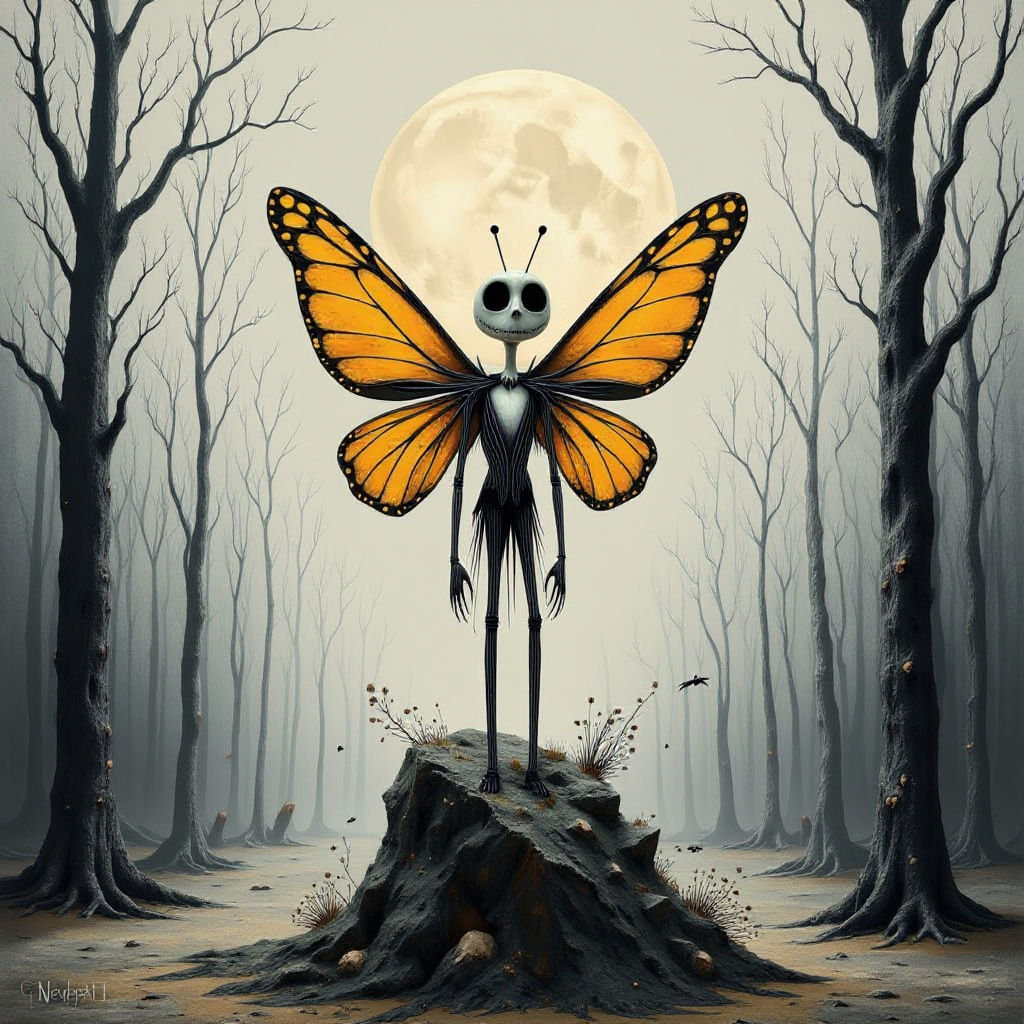 Butterfly Skeleton in Dark Whimsical Forest
