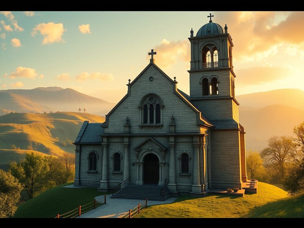 Ethereal Country Church Amidst Emerald Hills in a Timeless S...