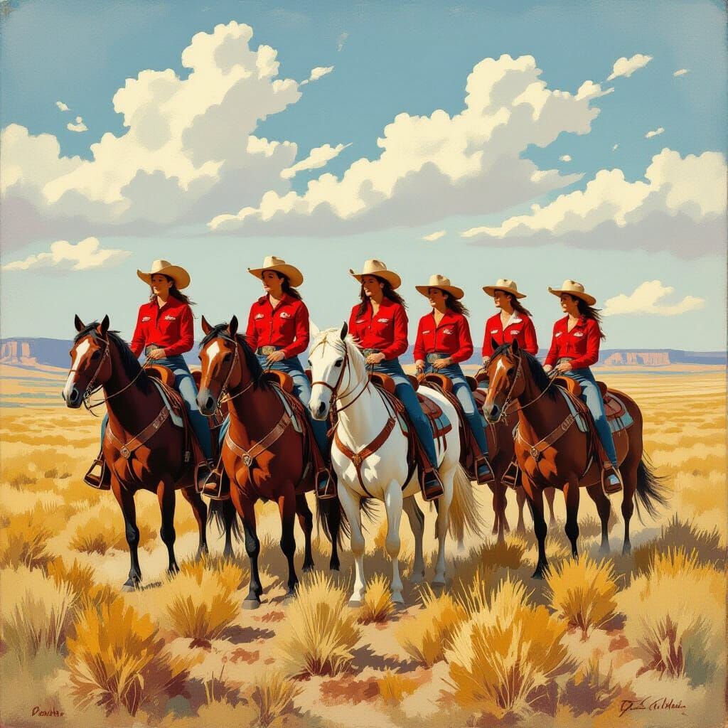 Native Cowgirls Ride Horses Across Open Prairie