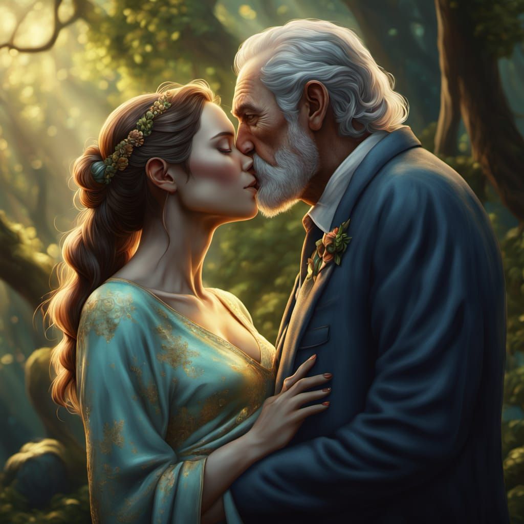 Elegant Gentleman Kisses Pregnant Women in Enchanted Forest