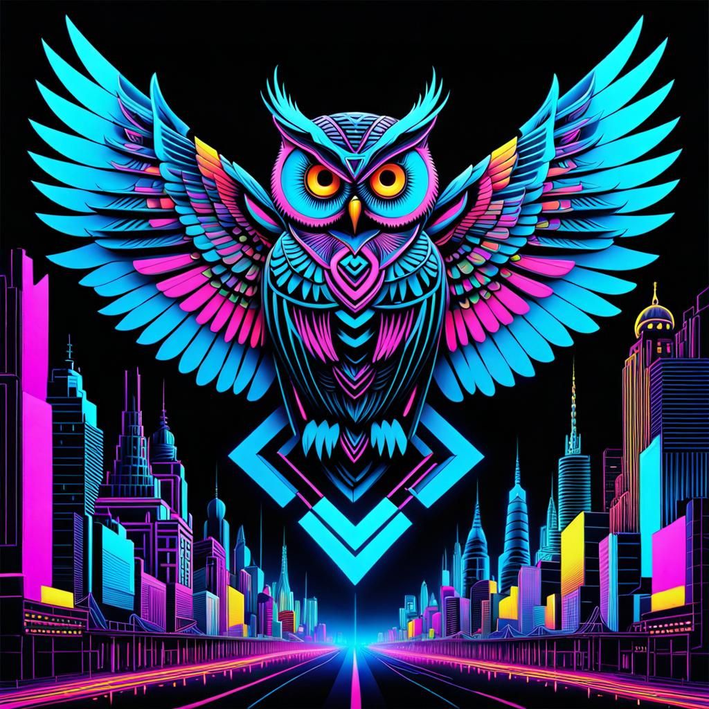 Surreal Cyberpunk Owl soars Through Geometric Cityscape in M...