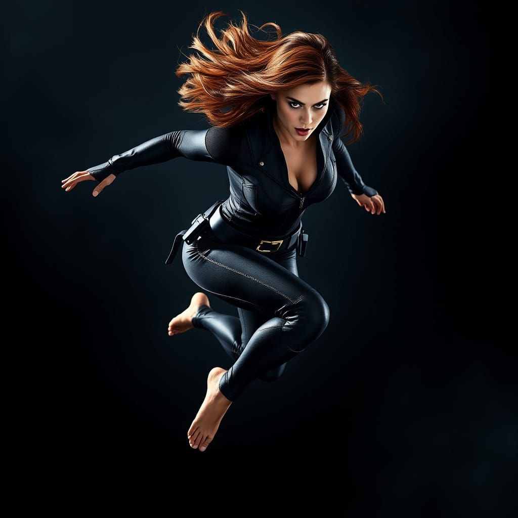 Sleek Black Widow in High-Flying Action Pose