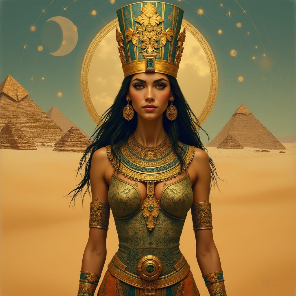 Egyptian Goddess in Golden Headdress with Mystical Desert La...