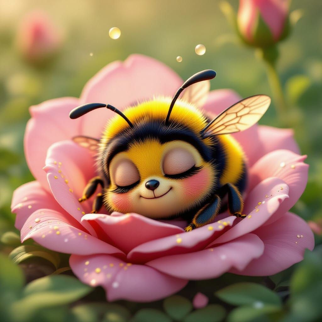 Sleepy Bee Under Rose Petal: Pixar-Style CGI