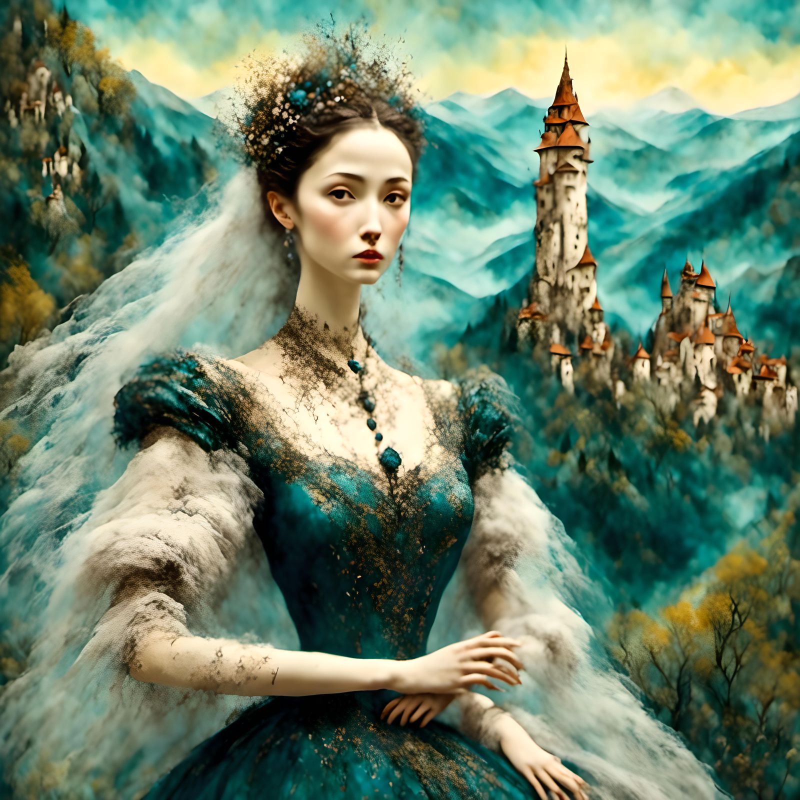 Surreal Goddess in a Smokey Spring Landscape