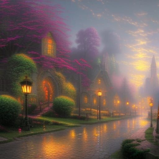Dreamy Cityscapes Inspired by Thomas Kinkade's Whimsy