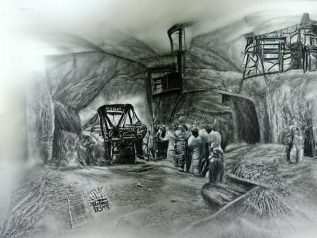 Dark Coal Mining Scene in Hyperdetailed Charcoal