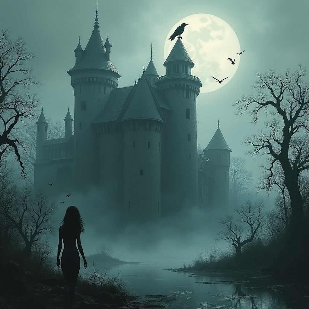 Mysterious Castle Under Moonlit Mist with Raven and Silhouet...