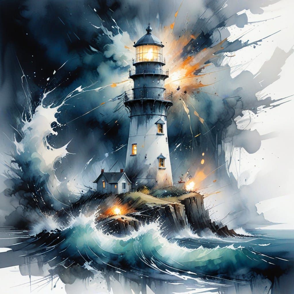 Lighthouse in Midnight Storm, Expressive Watercolor Painting