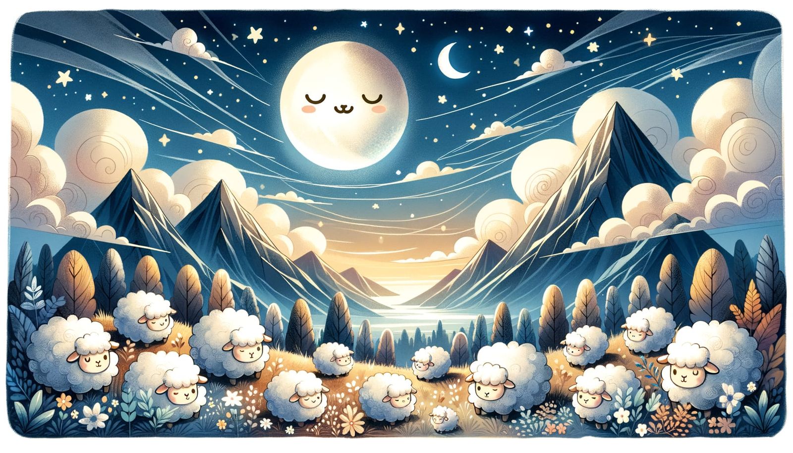 Sheep Under a Starry Night Sky in Chibified Digital Art