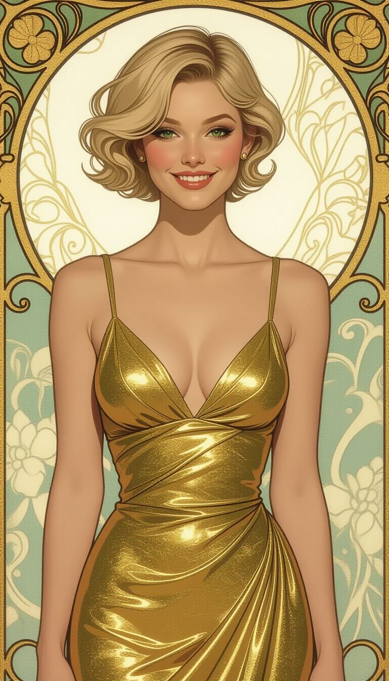 Pixie Woman in Gold Leaf Dress: Art Nouveau Style