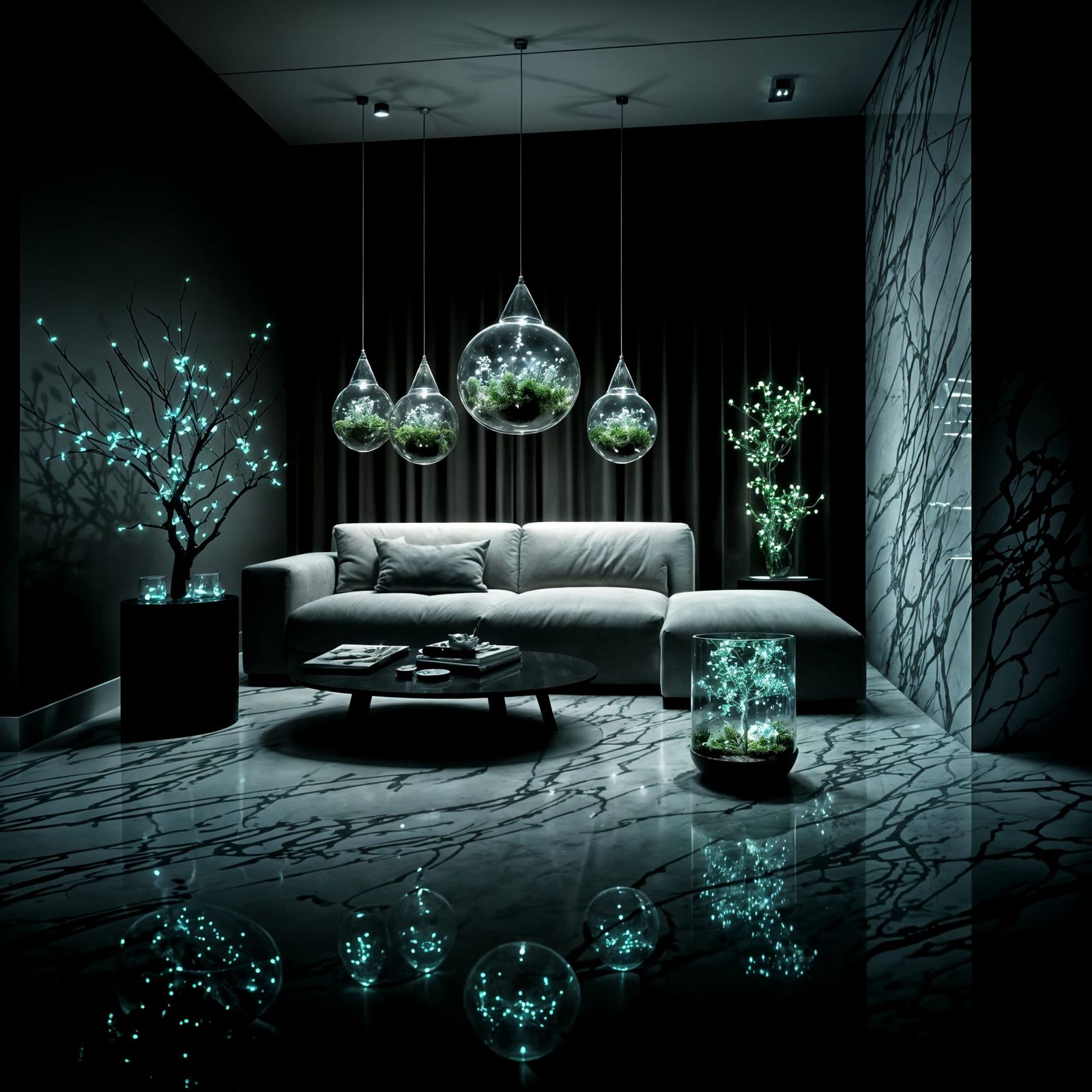 Sleek Living Room Illuminated by Bioluminescent Plants
