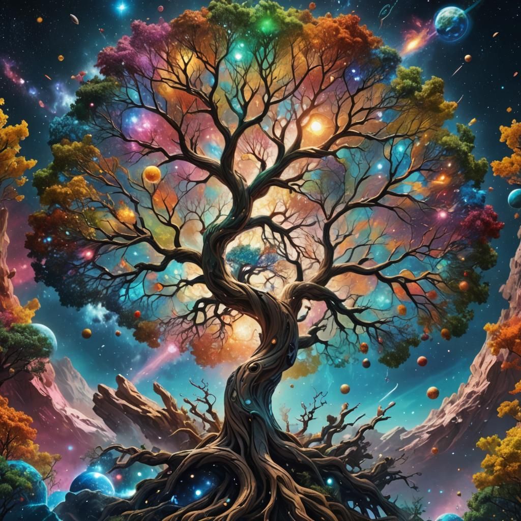 Ethereal Cosmic World Tree in Vibrant Detail