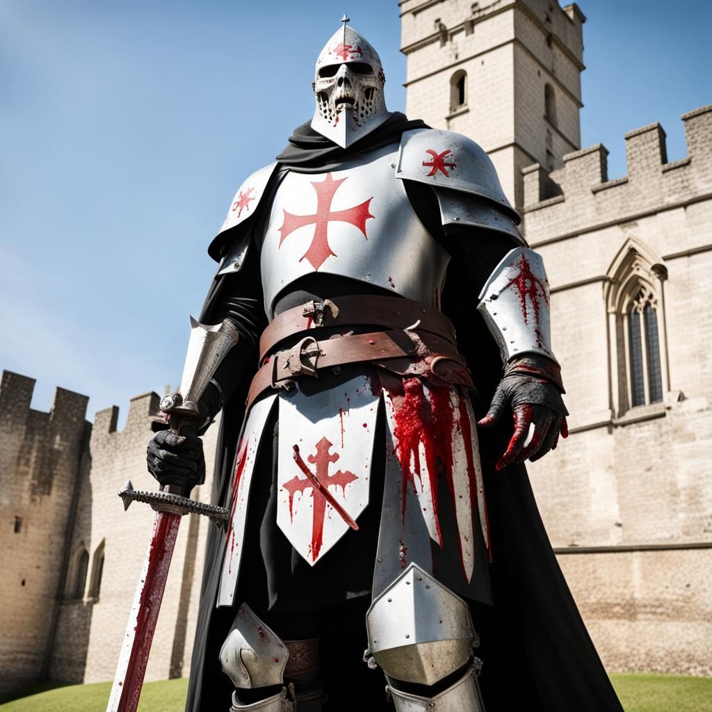 Bloody Knight Templar Guards Ancient Castle Walls