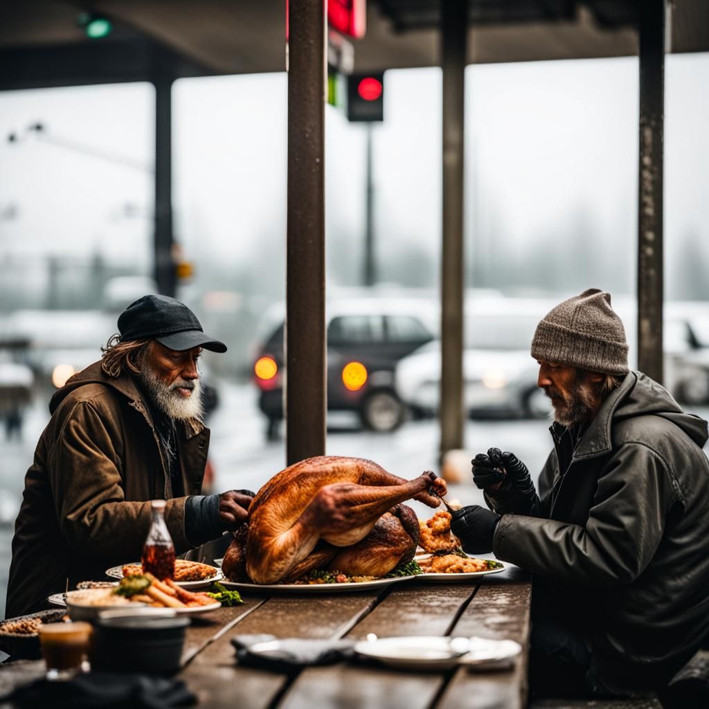 A Homeless Man and His Stray Dog Share a Thanksgiving Feast...