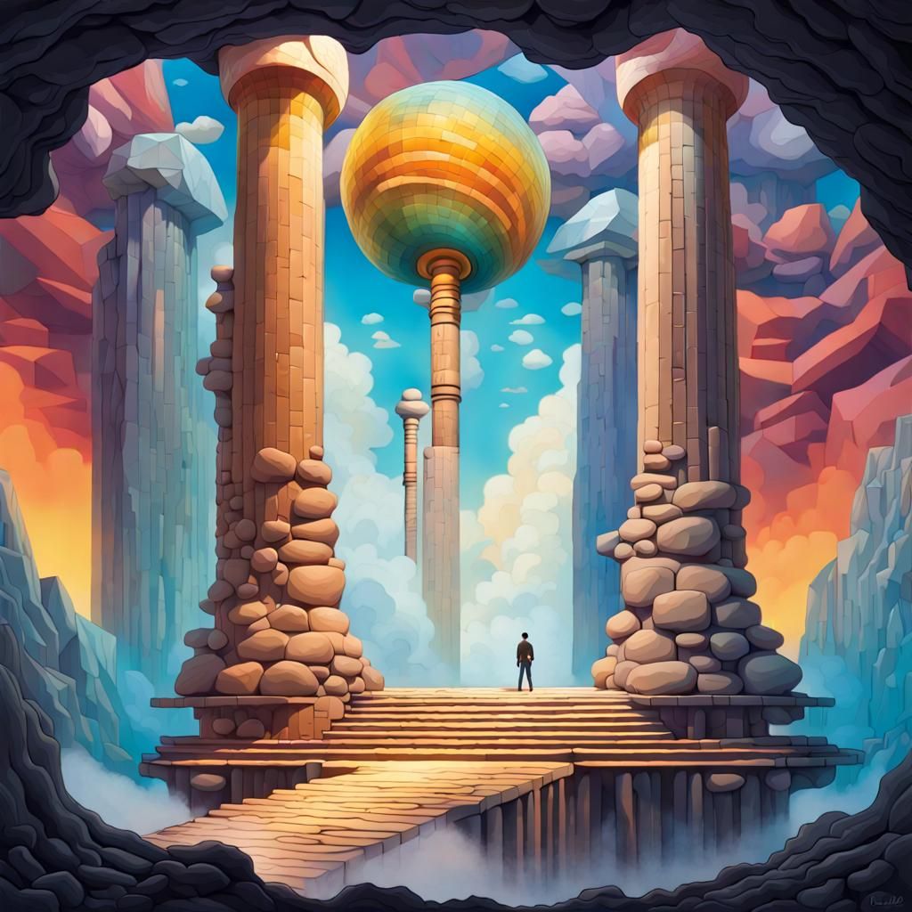 Dreamengine-Inspired Surreal Landscape with Giant Pillars