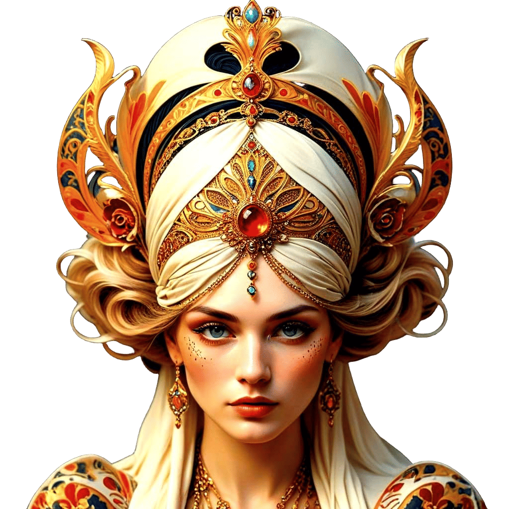 Woman in Luxurious Jugendstil Setting with Sensual Tattoos