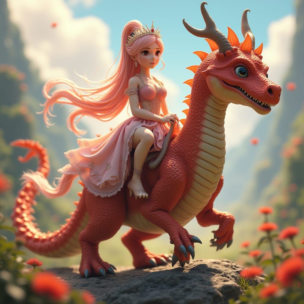 Elegant Princess Rides Dragon Dinosaurio with Ganso in Vibra...