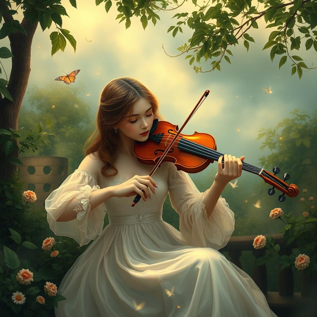 Ethereal Violinist in Whimsical Dusk Landscape