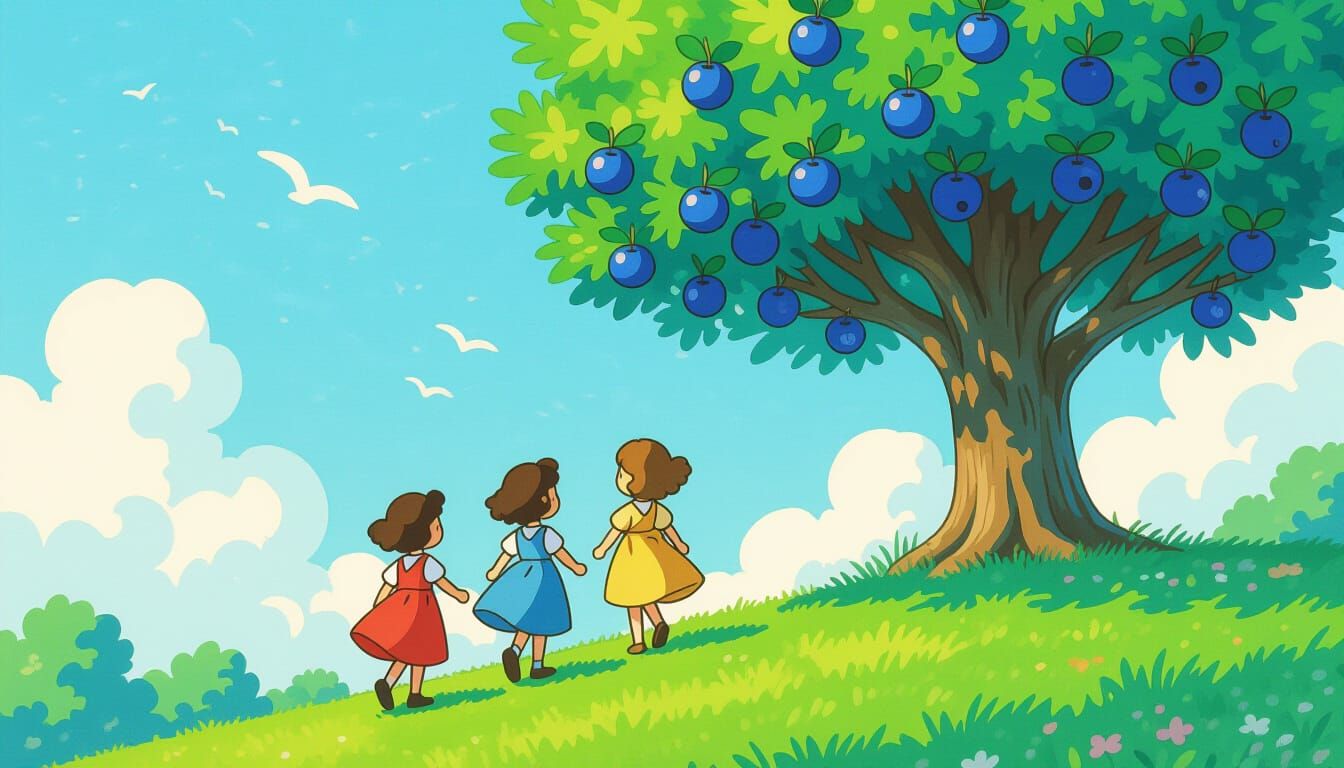 Stick Figure Girls Walking to Blueberry Tree