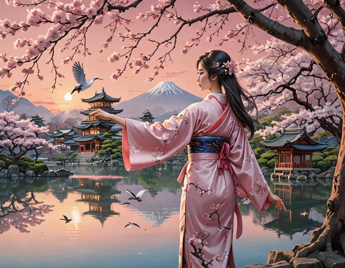 Japanese Princess Amid Blossoming Sakura Tree in Ancient Jap...