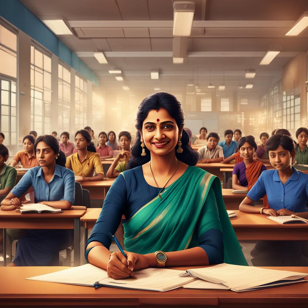 Elegant Indian Teacher Receives Feedback in a Vibrant School...