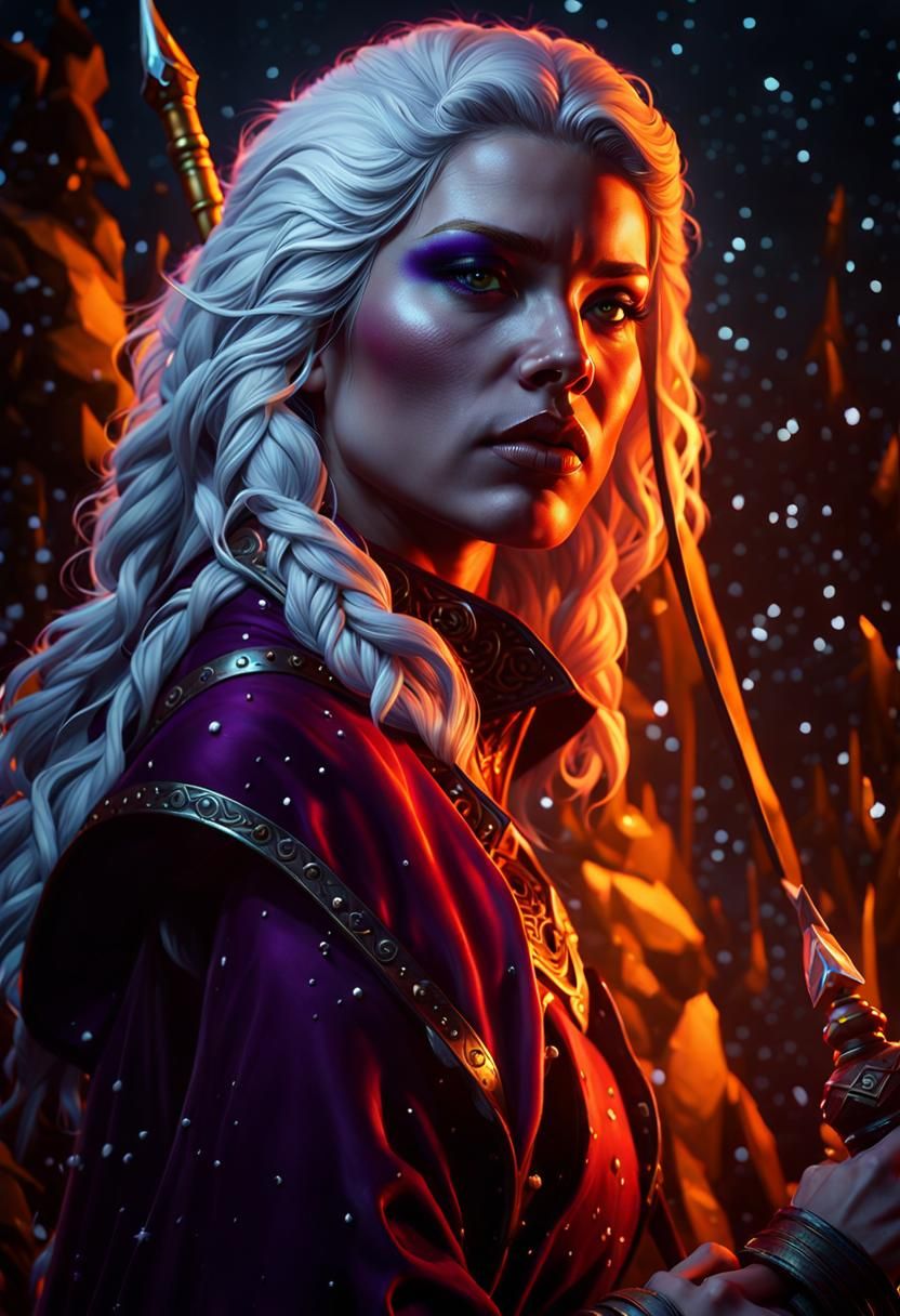 Hyperrealistic Archer Woman in Snowy Dark Fantasy Landscape