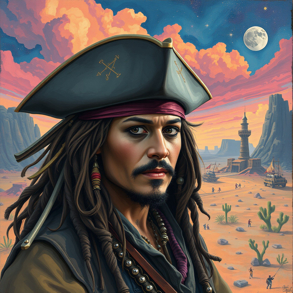 Johnny Depp as Captain Jack Sparrow Surreal Desert Cubism Hyperdetailed dreamcore galactic gouache Dan Mumford Tim Burto...