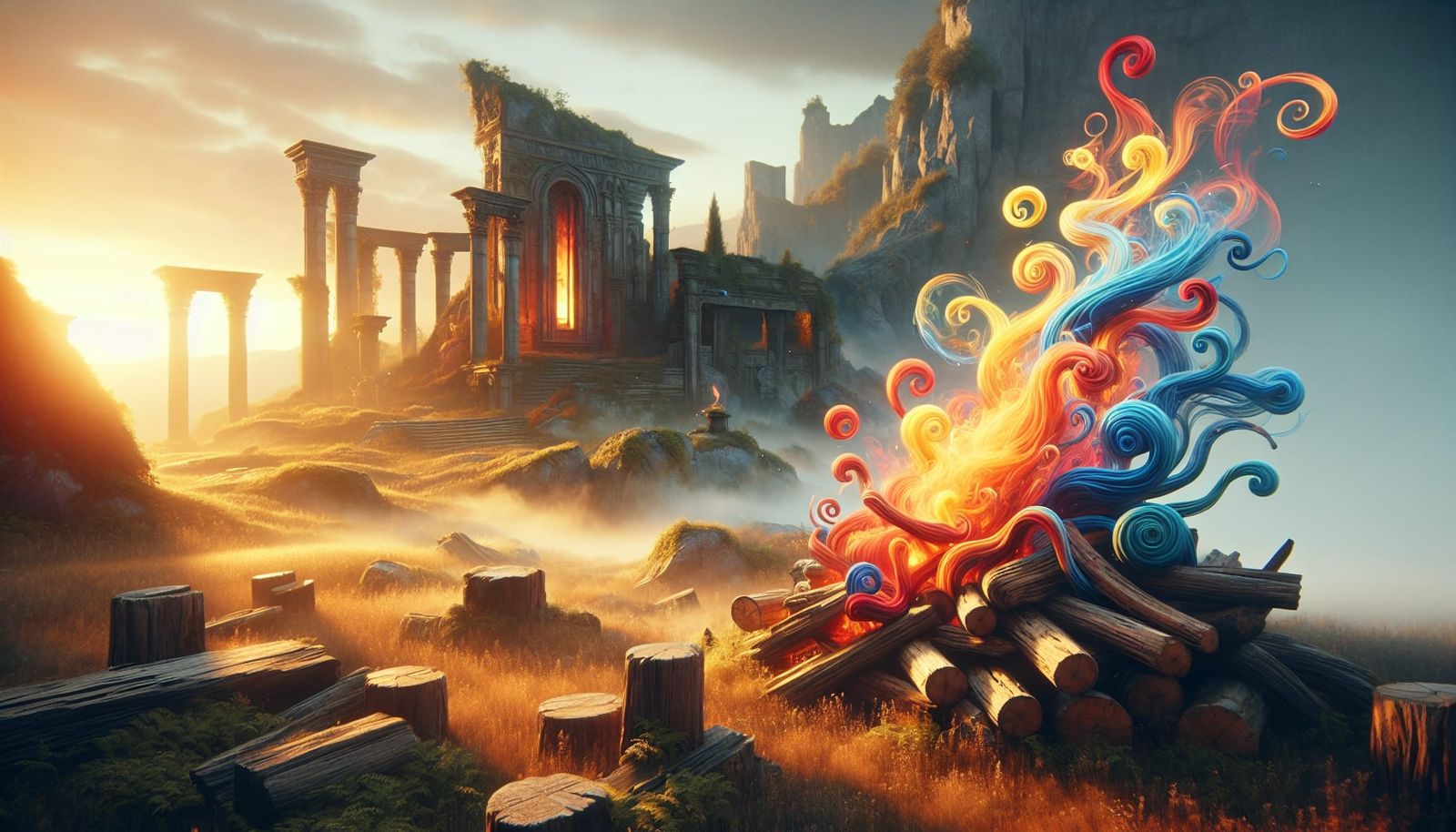 Dreamy Fantasy Scene with Vintage Ruins in Warm Sunlight