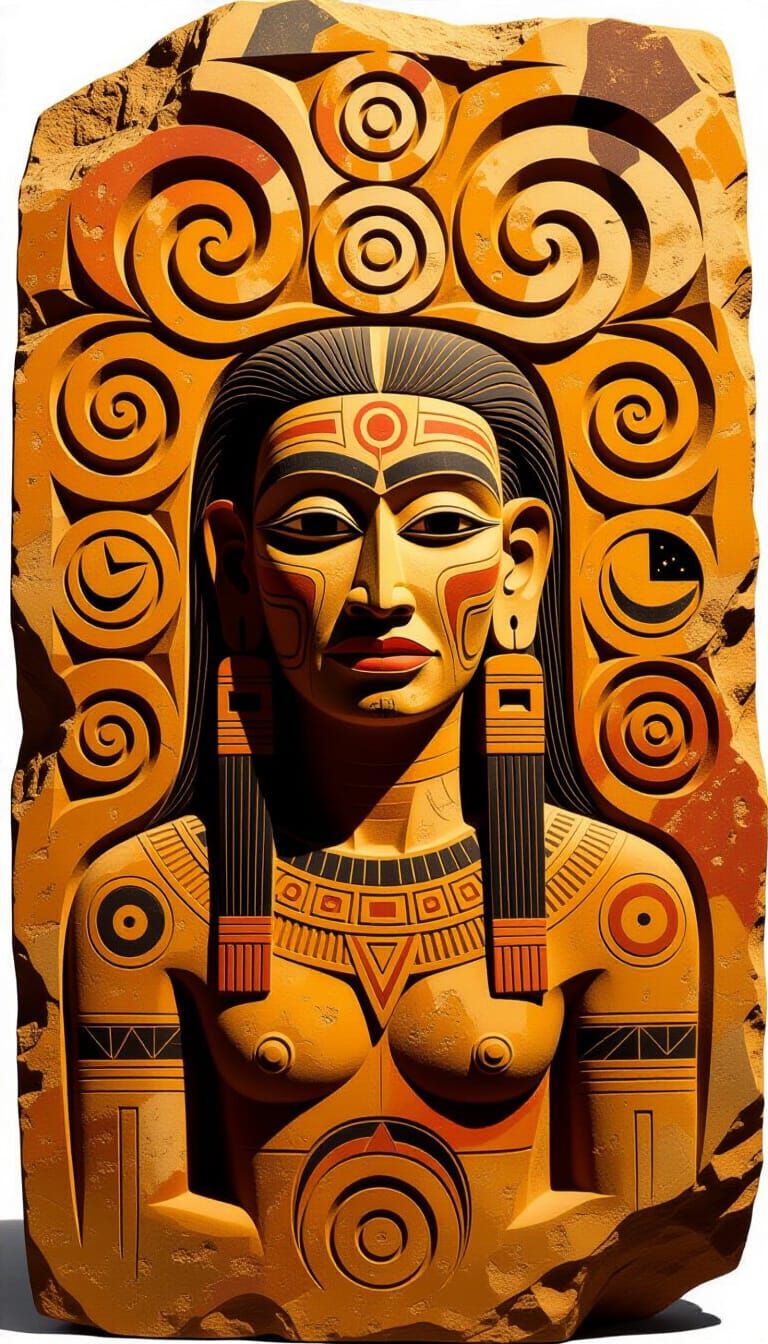 Ancient Stone Panel with Totems and Sacred Lines