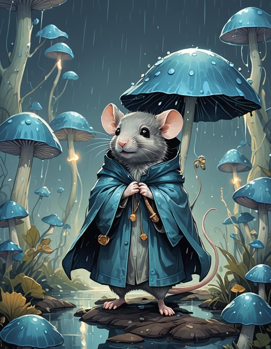 Whimsical Mouse Under Bioluminescent Mushroom in Art Nouveau...