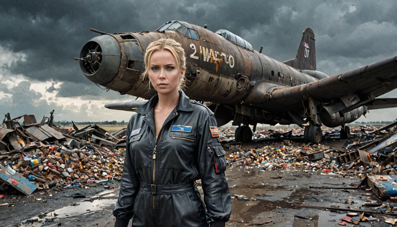 Grimdark Industrial Wasteland Scene with Blonde War Survivor