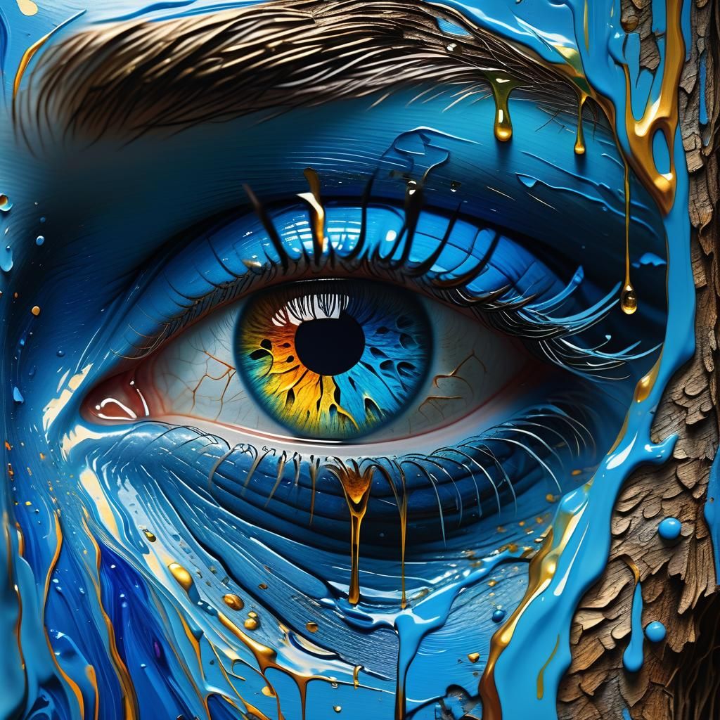 Surreal Oil Painting of a Melting Eye with a Dead Rainforest