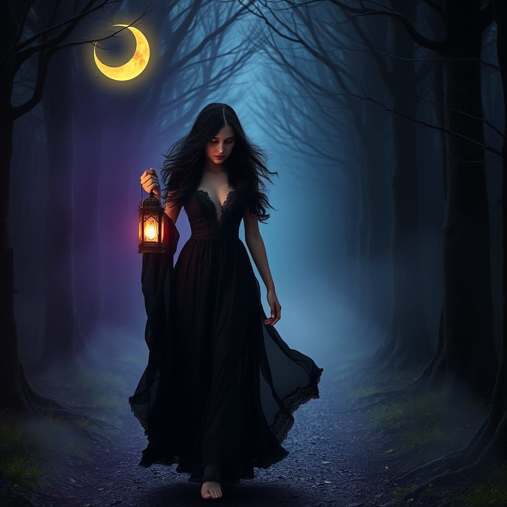Mysterious Witch in Ancient Forest Under Crescent Moonlight