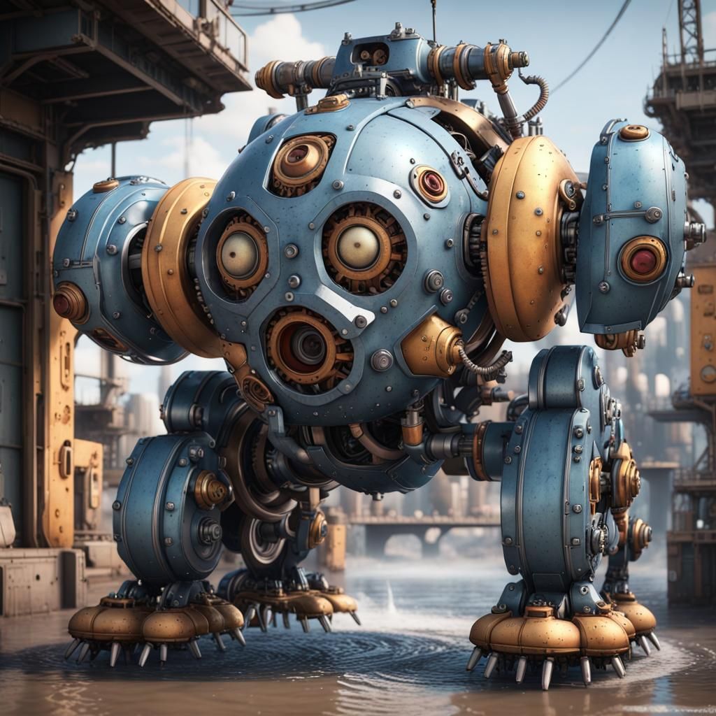 Dazzling Futuristic Mech in Polished Metal, Set Against a Dr...