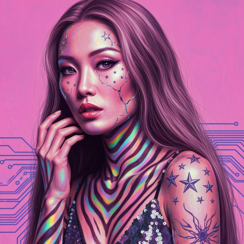 Iridescent Cyborg Zebra Model in Retro-Futuristic Oil Painti...