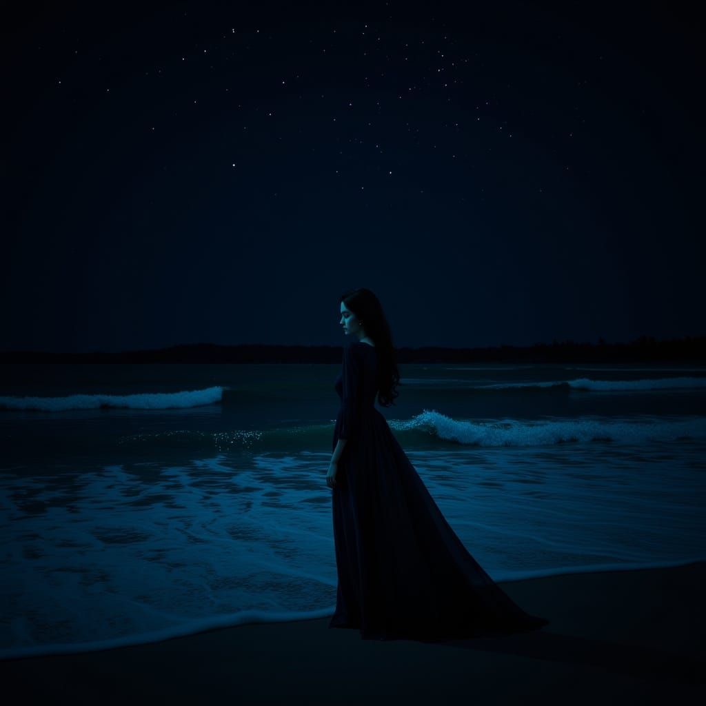 Bioluminescent Ocean Scene with Serene Woman
