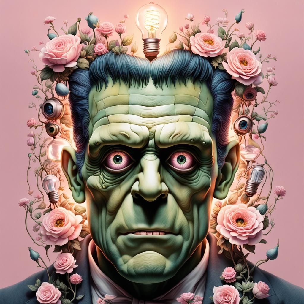 Pastel Frankenstein with Lightbulb Eyes and Blooming Florals...