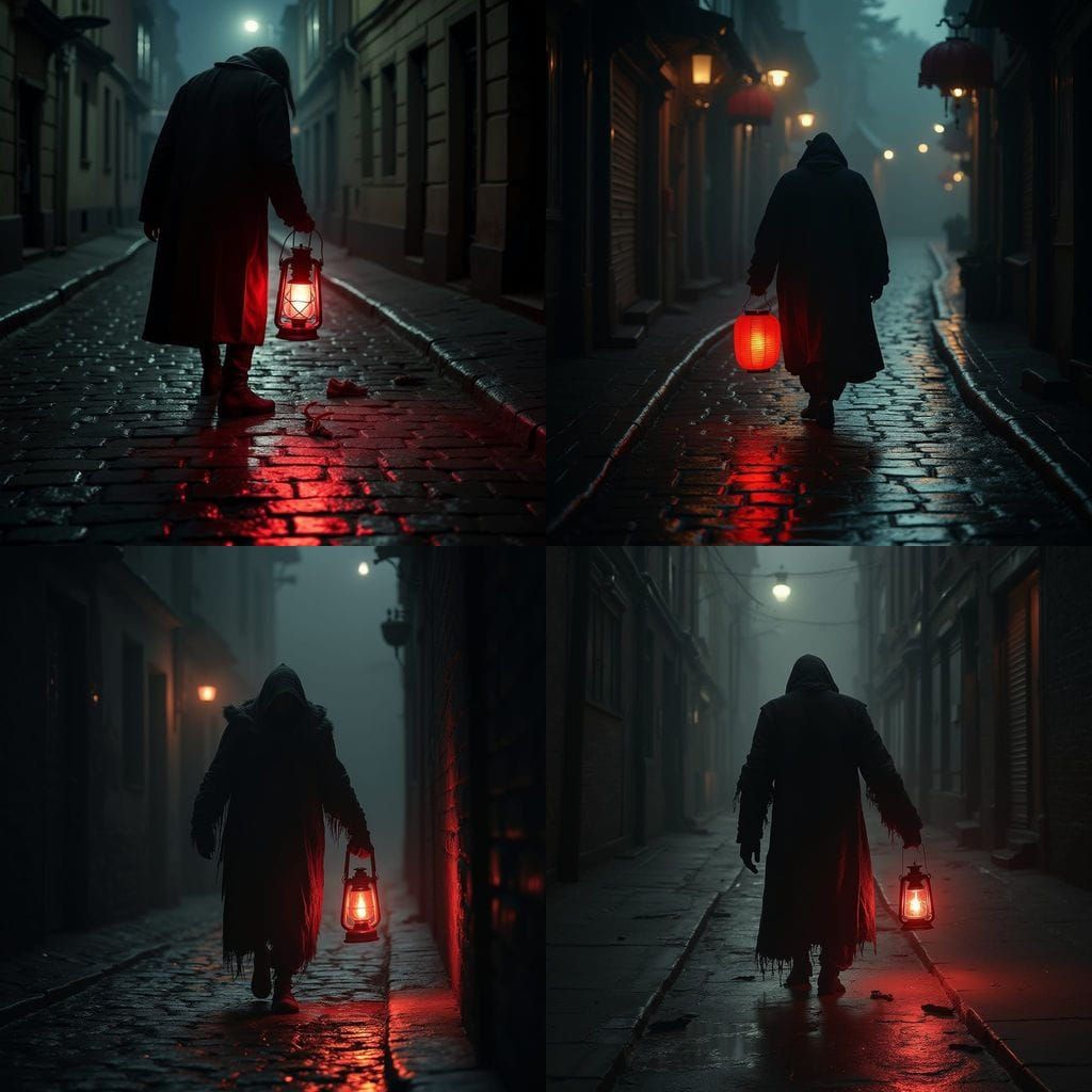 Red Lantern's Glow on Wet City Street